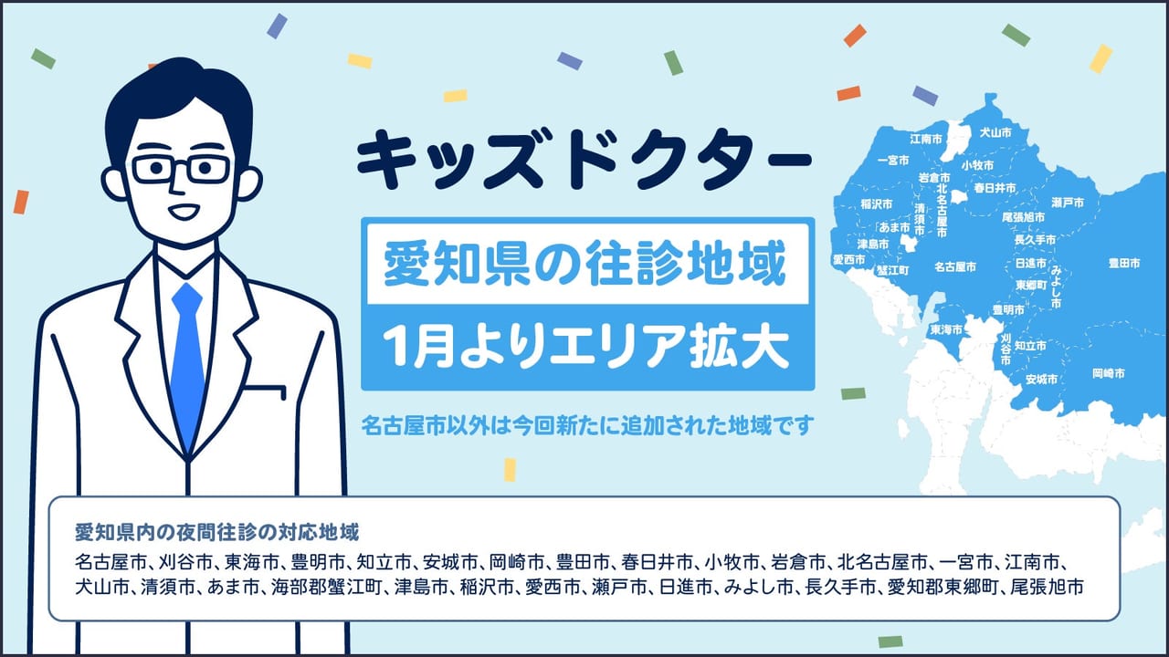 キッズドクターの画像　プレスリリースより　愛知県の往診エリア拡大